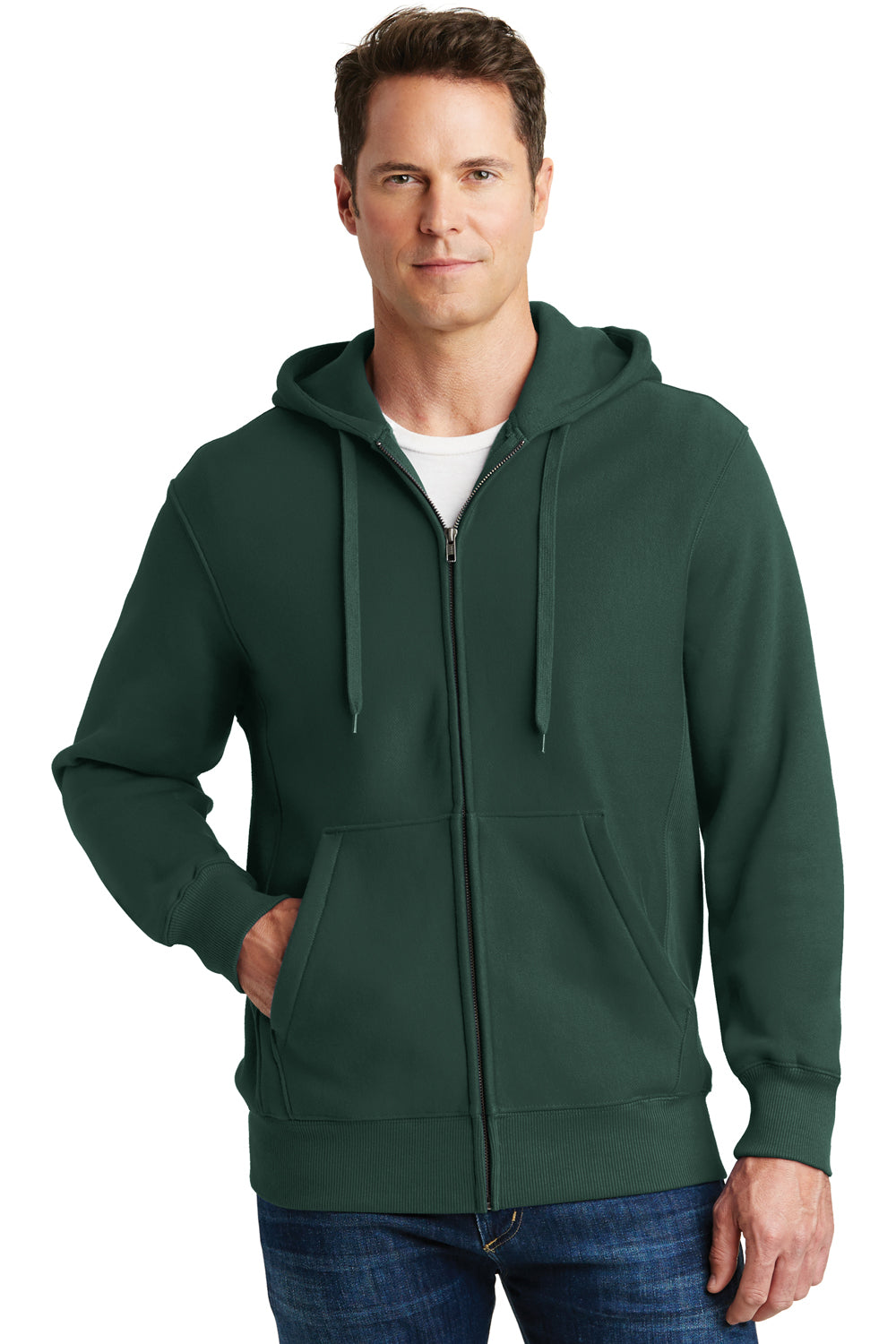 Sport-Tek F282 Mens Fleece Full Zip Hooded Sweatshirt Hoodie Dark Green Model Front