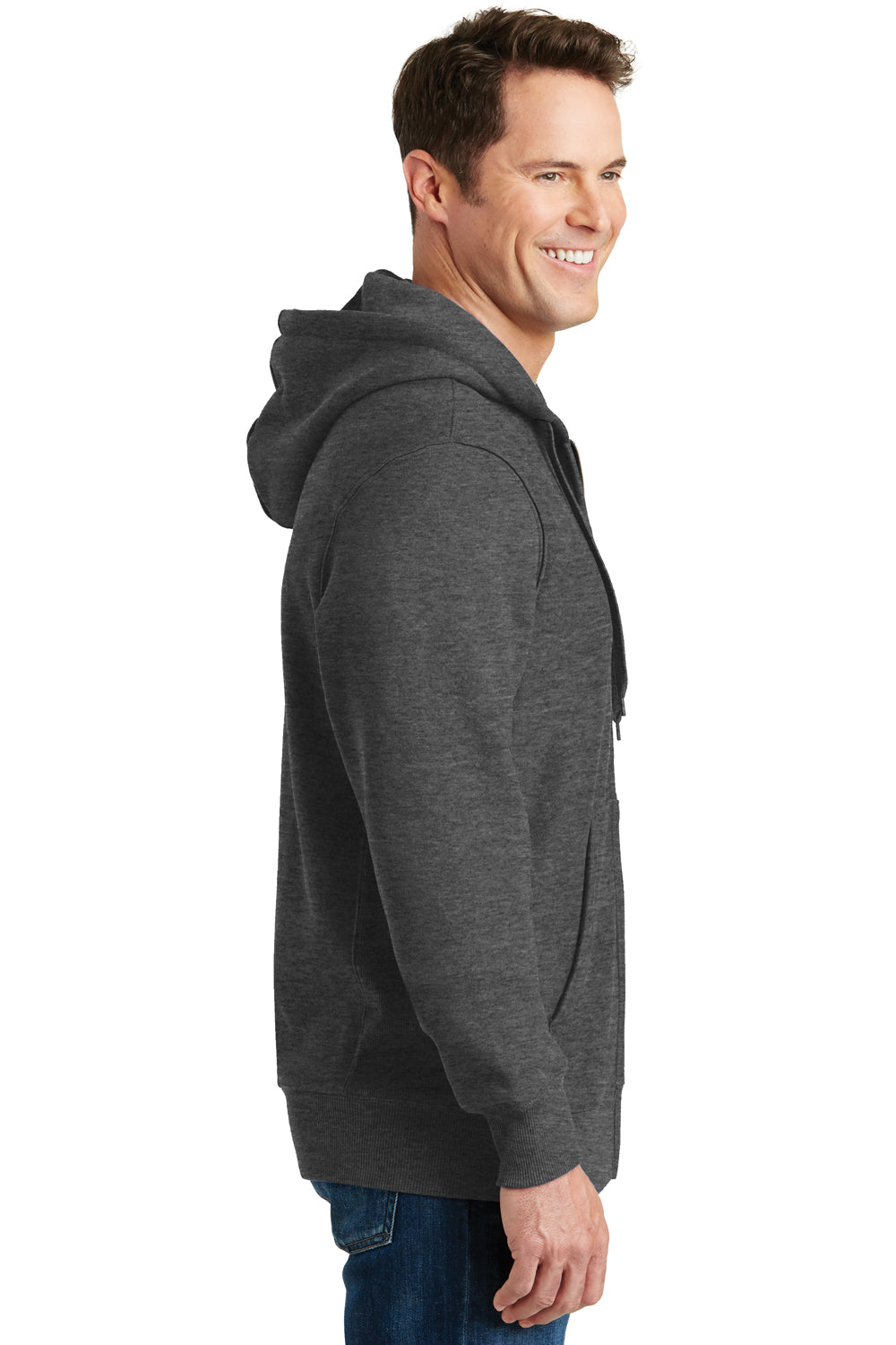 Sport-Tek F282 Mens Fleece Full Zip Hooded Sweatshirt Hoodie Heather Graphite Grey Model Side