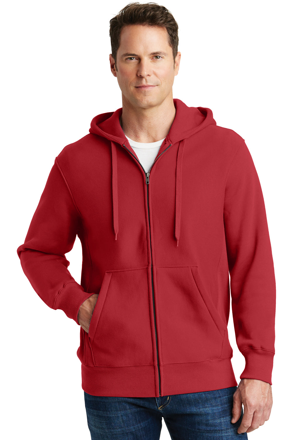 Sport-Tek F282 Mens Fleece Full Zip Hooded Sweatshirt Hoodie Red Model Front