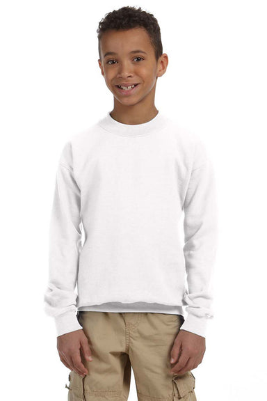 Gildan 18000B/G180B Youth Pill Resistant Fleece Crewneck Sweatshirt White Model Front