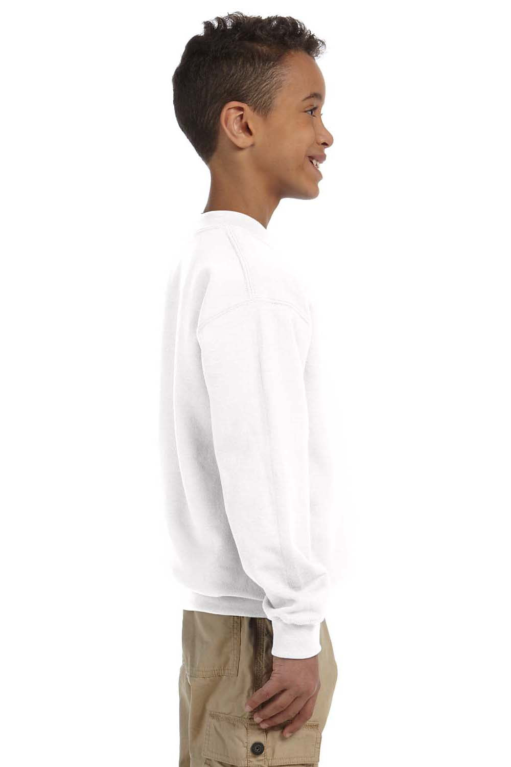 Gildan 18000B/G180B Youth Pill Resistant Fleece Crewneck Sweatshirt White Model Side