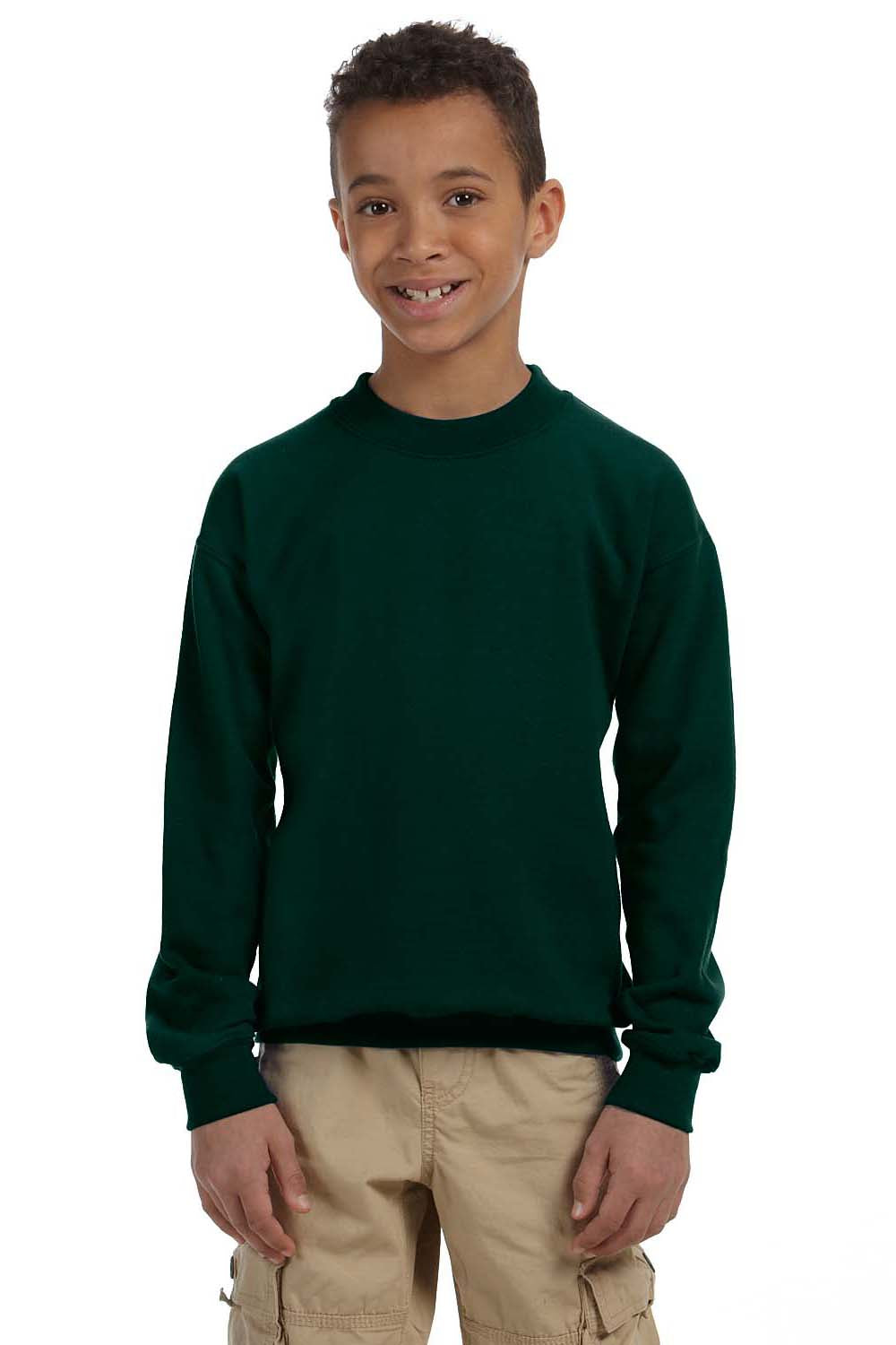 Gildan 18000B/G180B Youth Pill Resistant Fleece Crewneck Sweatshirt Forest Green Model Front