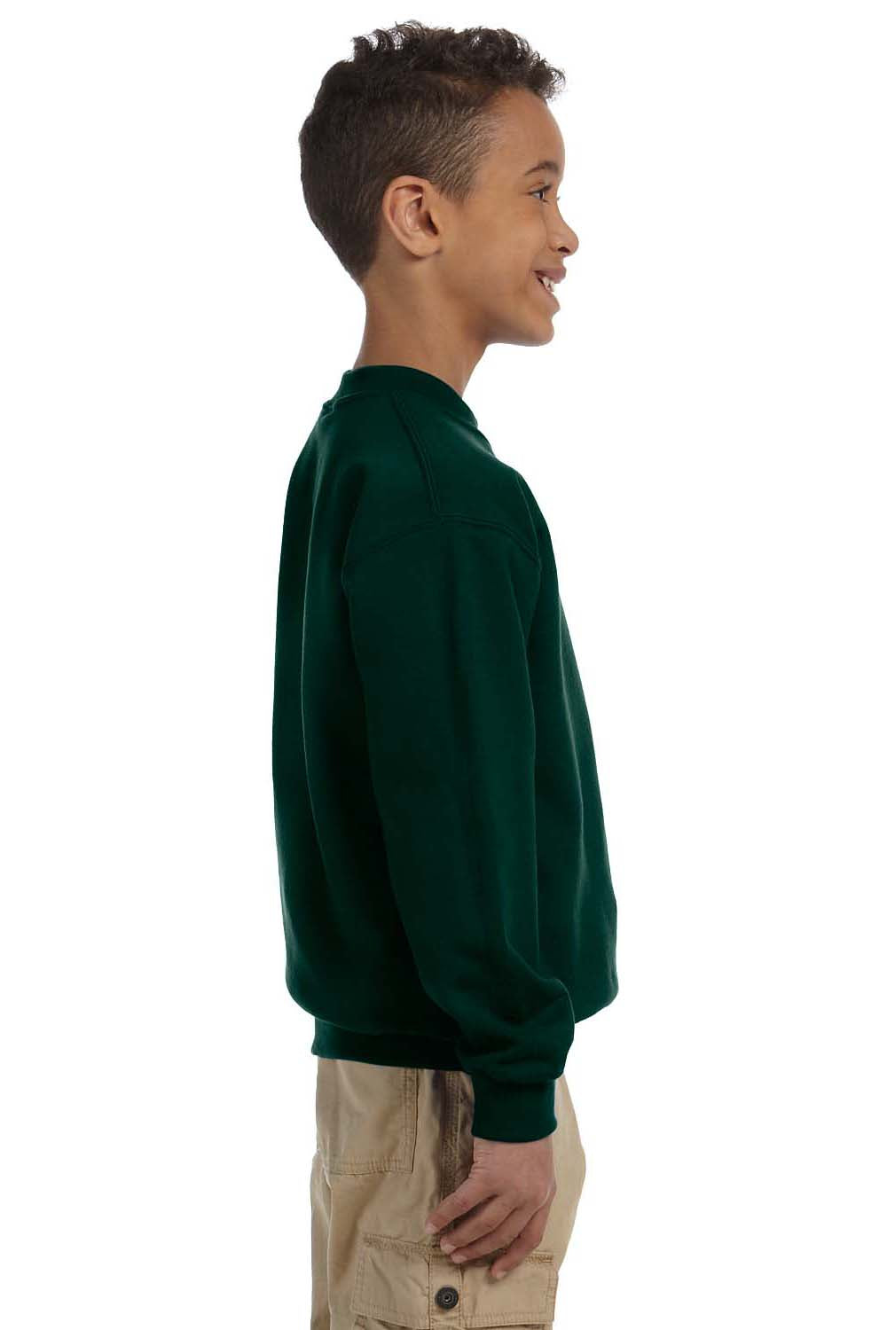 Gildan 18000B/G180B Youth Pill Resistant Fleece Crewneck Sweatshirt Forest Green Model Side