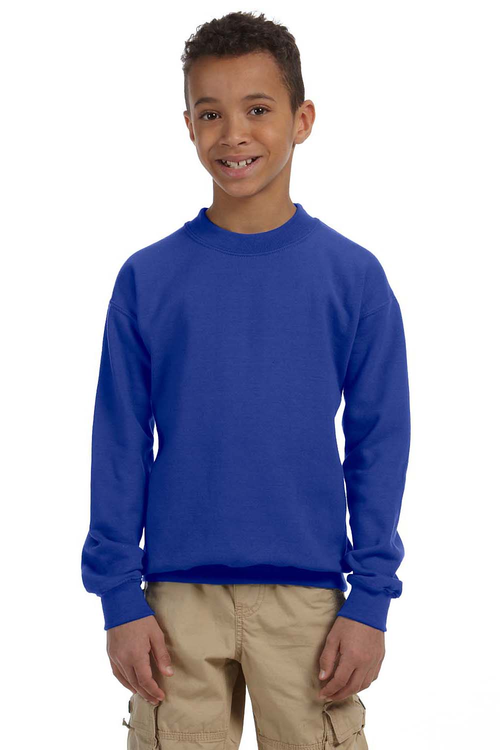 Gildan 18000B/G180B Youth Pill Resistant Fleece Crewneck Sweatshirt Royal Blue Model Front