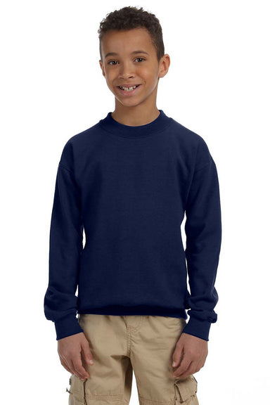 Gildan 18000B/G180B Youth Pill Resistant Fleece Crewneck Sweatshirt Navy Blue Model Front