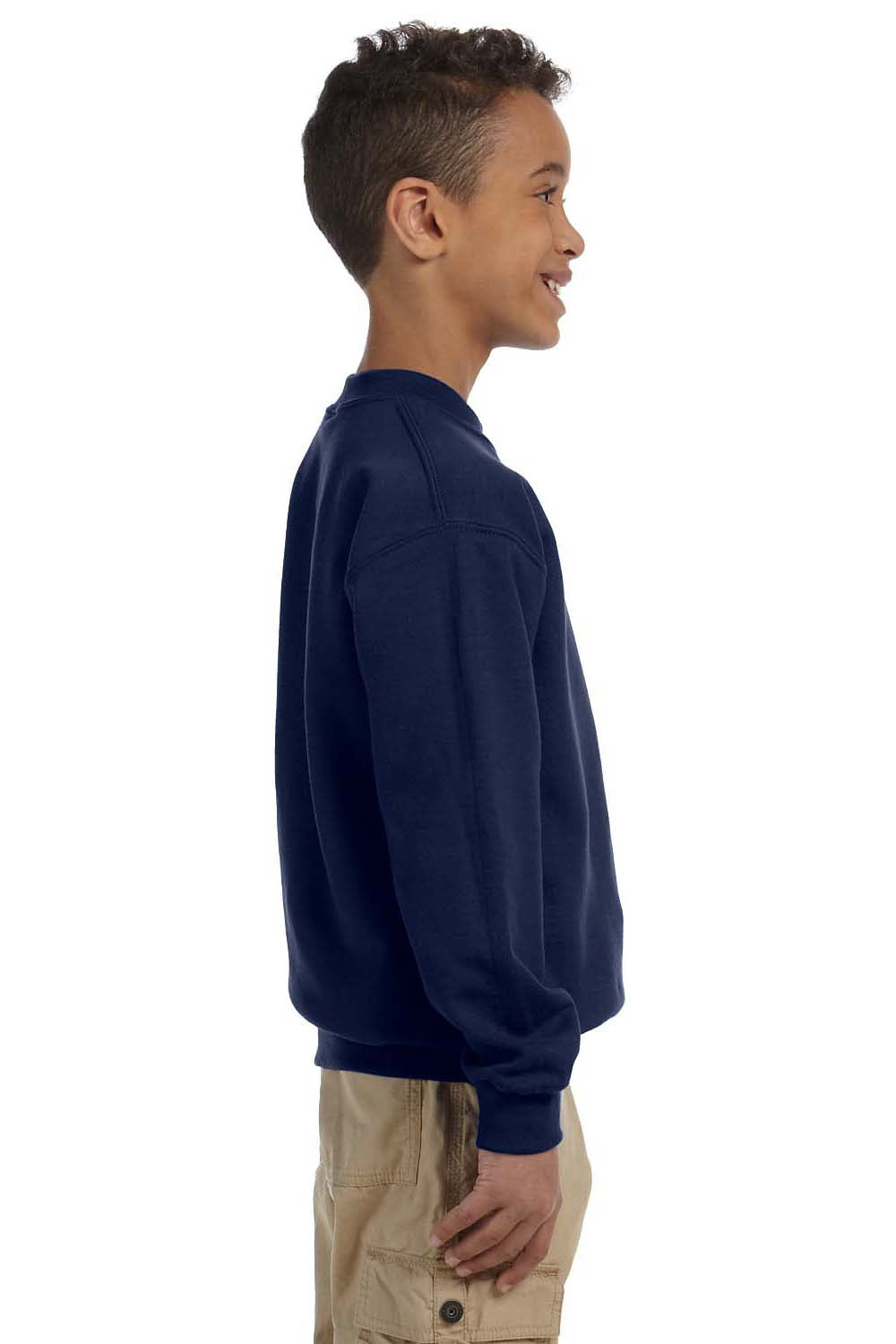 Gildan 18000B/G180B Youth Pill Resistant Fleece Crewneck Sweatshirt Navy Blue Model Side