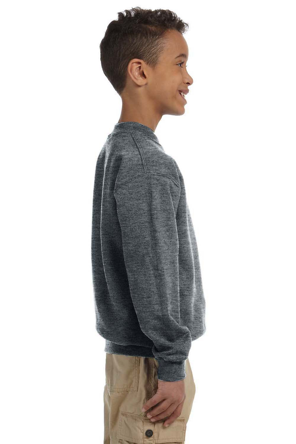 Gildan 18000B/G180B Youth Pill Resistant Fleece Crewneck Sweatshirt Heather Dark Grey Model Side