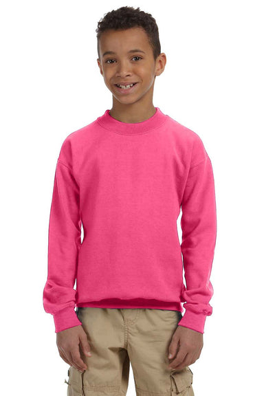 Gildan 18000B/G180B Youth Pill Resistant Fleece Crewneck Sweatshirt Safety Pink Model Front