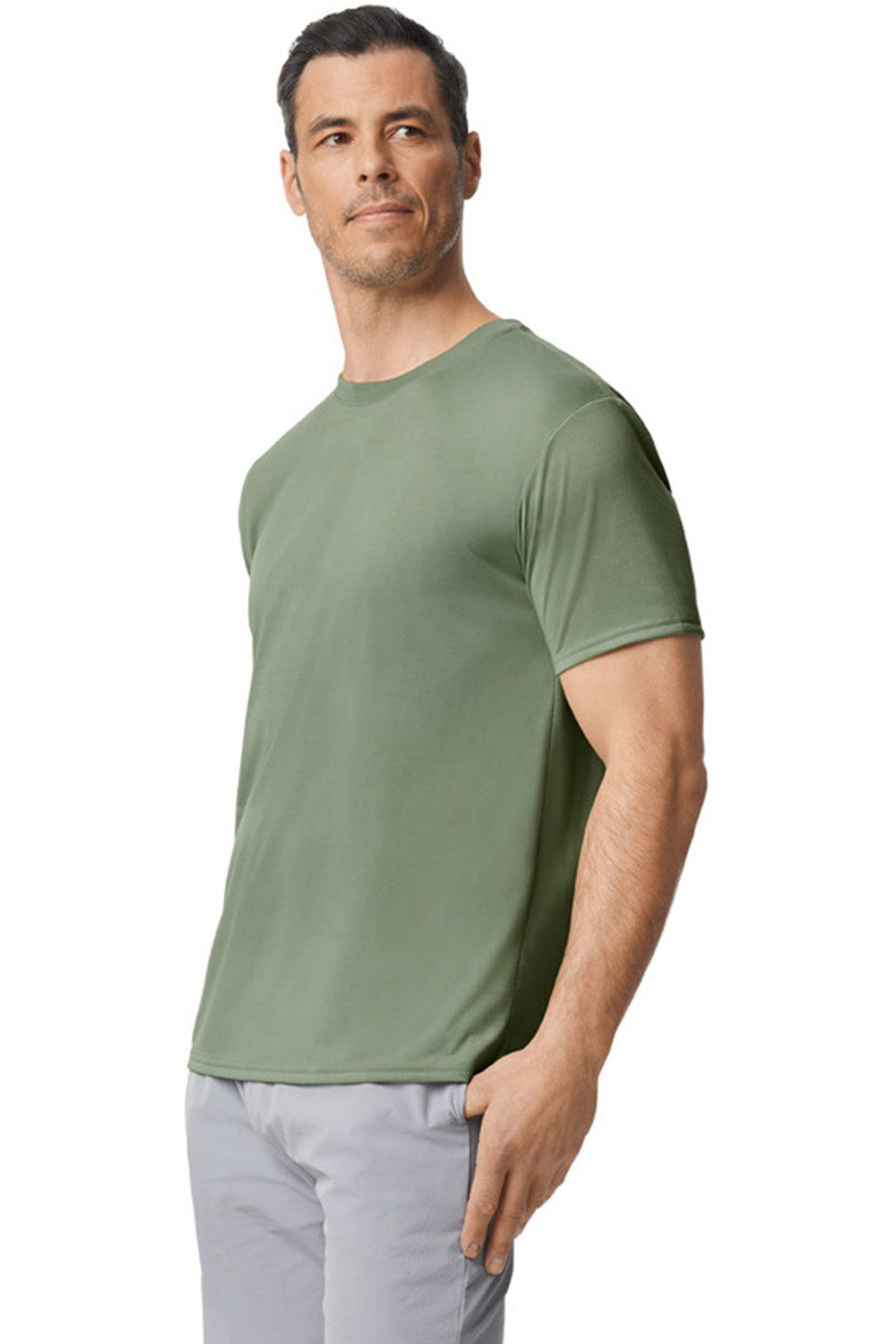 Gildan 42000/G420 Mens Performance Jersey Moisture Wicking Short Sleeve Crewneck T-Shirt Sage Green Model Side