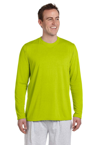 Gildan 42400/G424 Mens Performance Jersey Moisture Wicking Long Sleeve Crewneck T-Shirt Safety Green Model Front