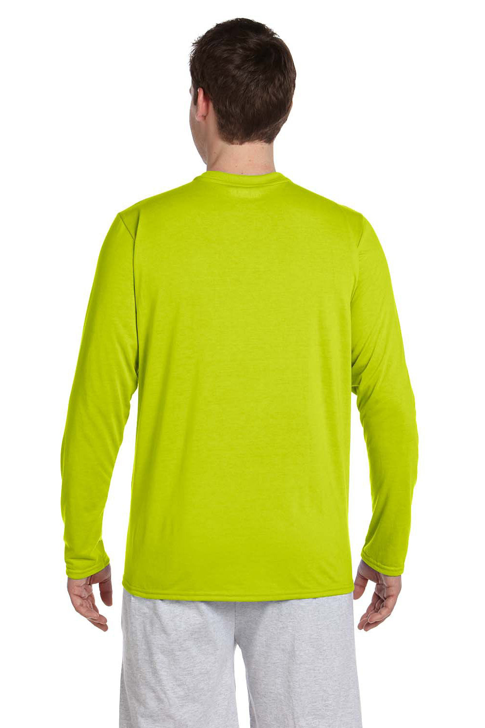 Gildan 42400/G424 Mens Performance Jersey Moisture Wicking Long Sleeve Crewneck T-Shirt Safety Green Model Back