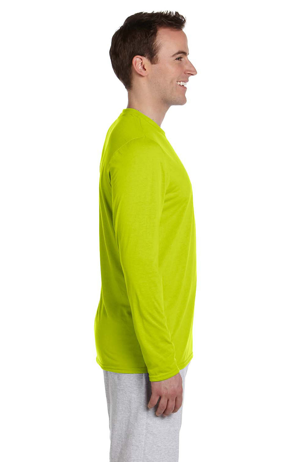 Gildan 42400/G424 Mens Performance Jersey Moisture Wicking Long Sleeve Crewneck T-Shirt Safety Green Model Side