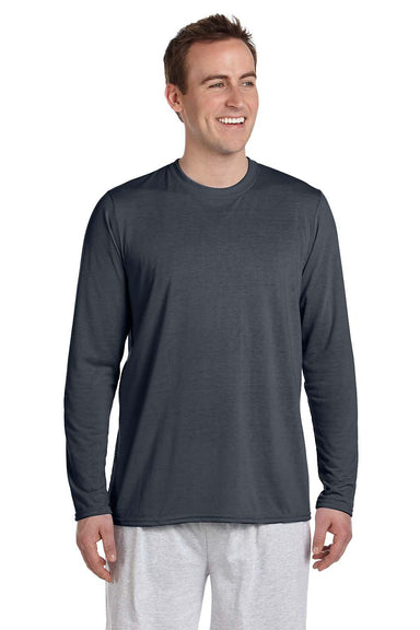 Gildan 42400/G424 Mens Performance Jersey Moisture Wicking Long Sleeve Crewneck T-Shirt Charcoal Grey Model Front