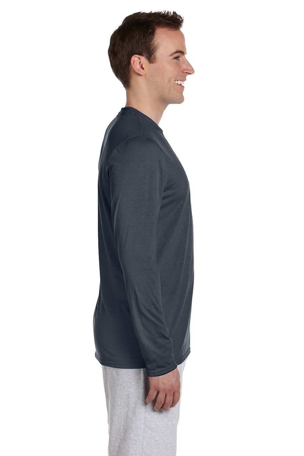 Gildan 42400/G424 Mens Performance Jersey Moisture Wicking Long Sleeve Crewneck T-Shirt Charcoal Grey Model Side