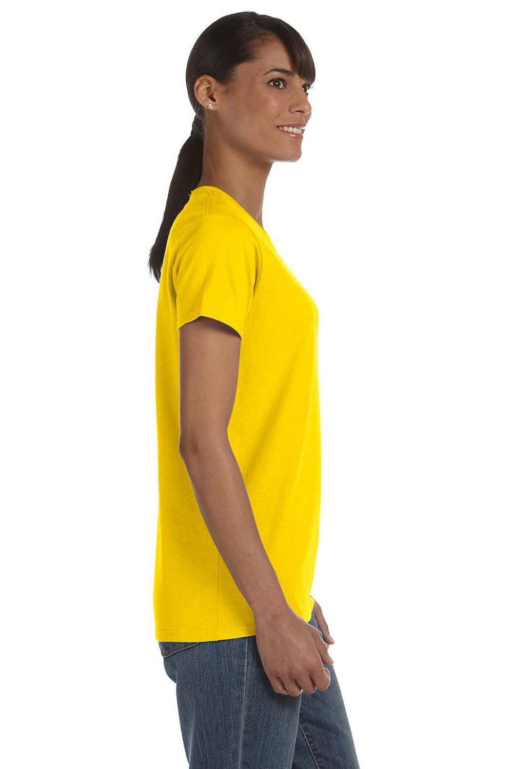 Gildan 5000L/G500L Womens Short Sleeve Crewneck T-Shirt Daisy Yellow Model Side