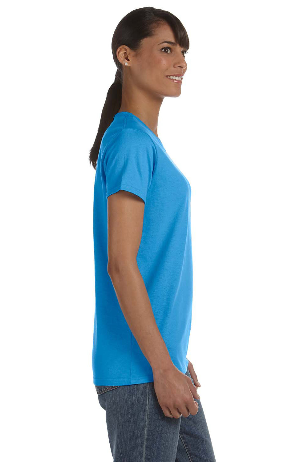 Gildan 5000L/G500L Womens Short Sleeve Crewneck T-Shirt Heather Sapphire Blue Model Side