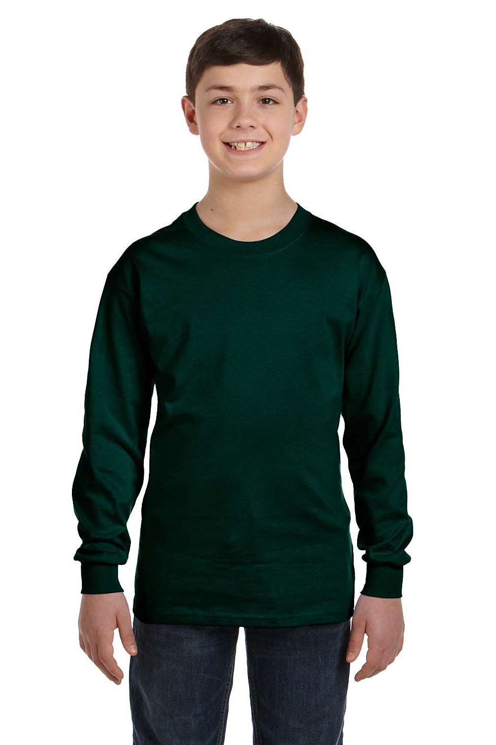 Gildan 5400B/G540B Youth Long Sleeve Crewneck T-Shirt Forest Green Model Front