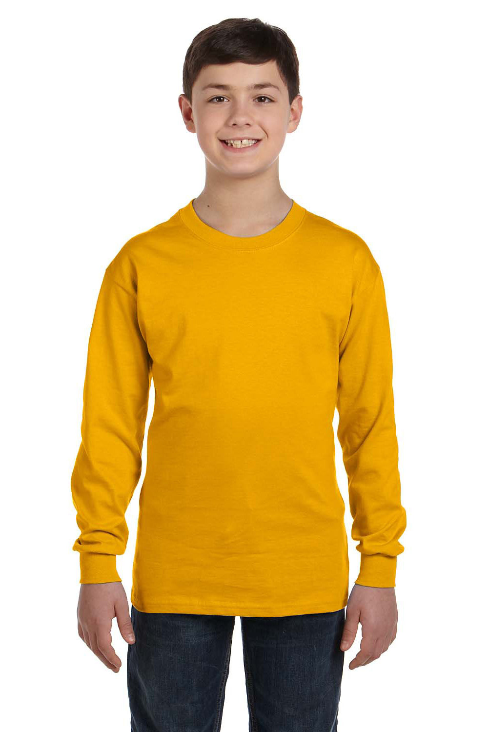 Gildan 5400B/G540B Youth Long Sleeve Crewneck T-Shirt Gold Model Front