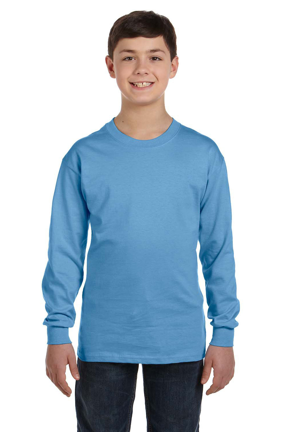 Gildan 5400B/G540B Youth Long Sleeve Crewneck T-Shirt Carolina Blue Model Front