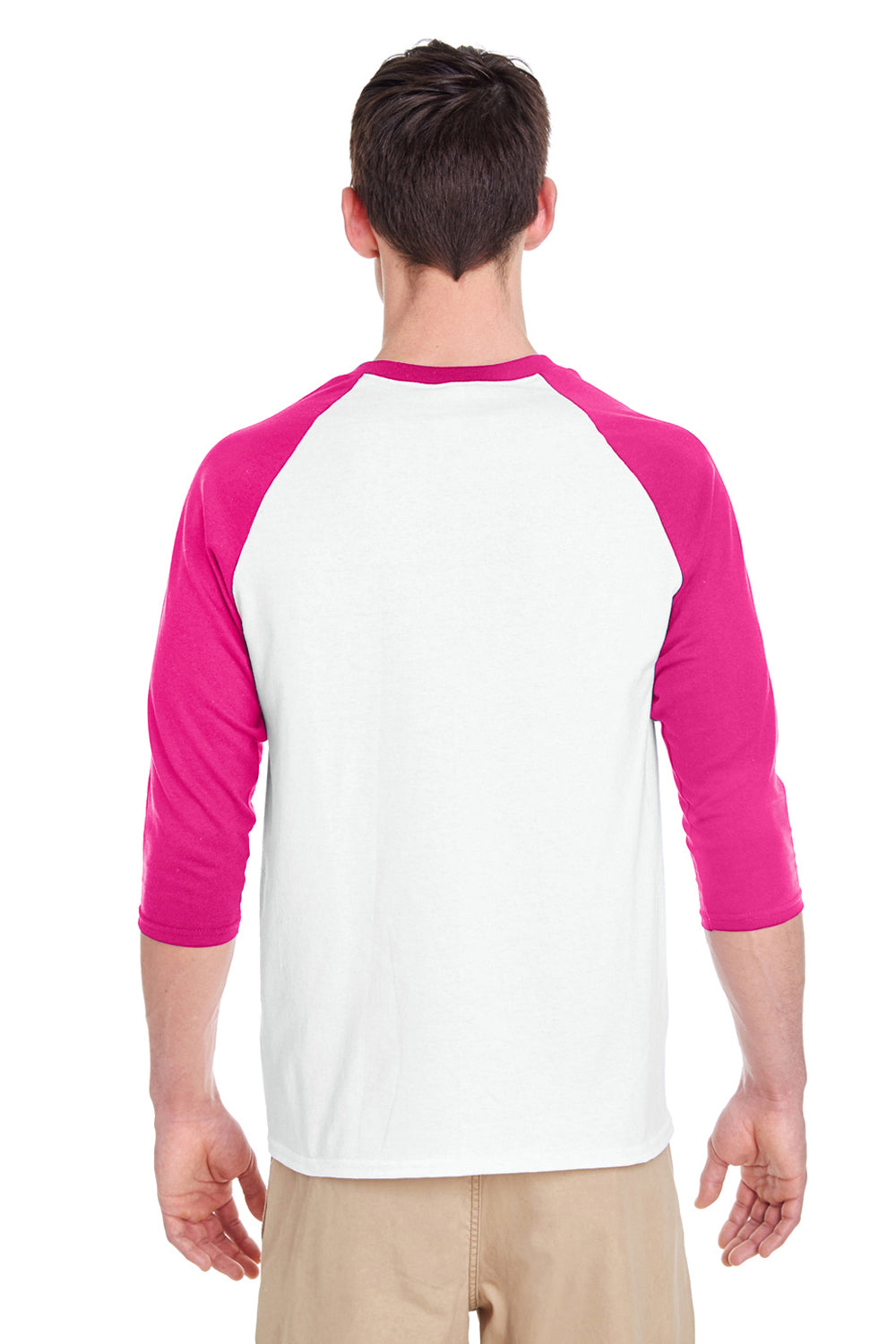 Gildan 5700/G570 Mens 3/4 Sleeve Crewneck T-Shirt White/Heliconia Pink Model Back