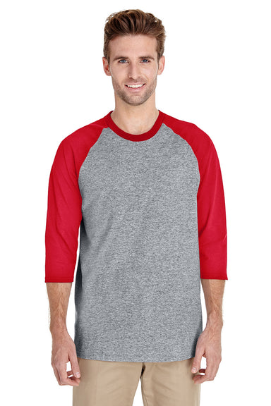 Gildan 5700/G570 Mens 3/4 Sleeve Crewneck T-Shirt Sport Grey/Red Model Front