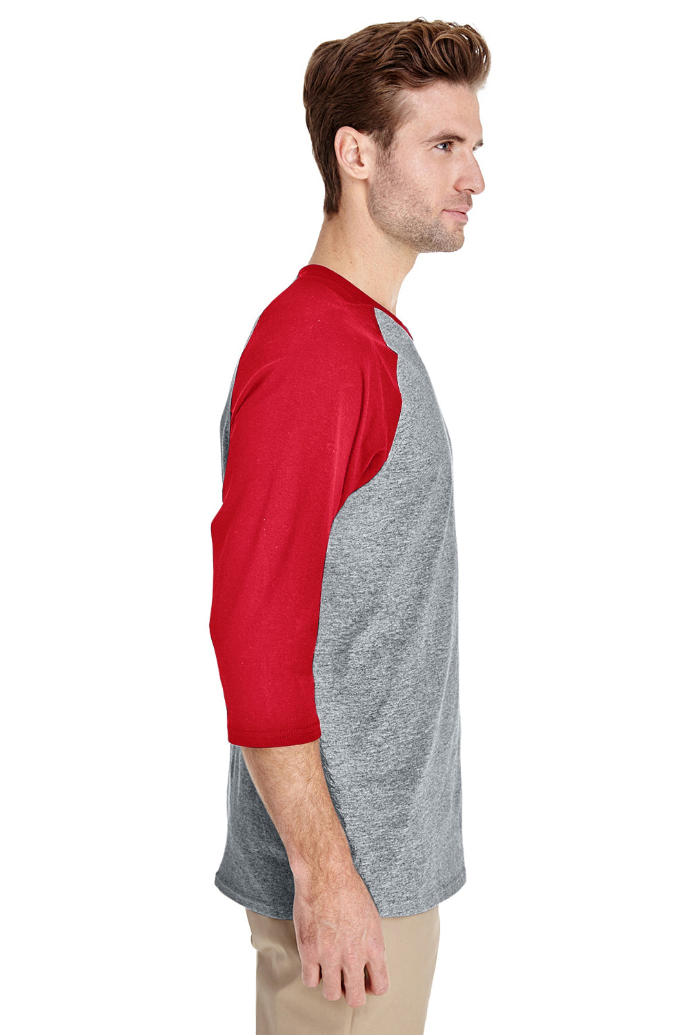 Gildan 5700/G570 Mens 3/4 Sleeve Crewneck T-Shirt Sport Grey/Red Model Side