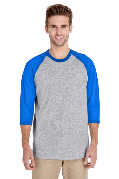 Gildan 5700/G570 Mens 3/4 Sleeve Crewneck T-Shirt Sport Grey/Royal Blue Model Front