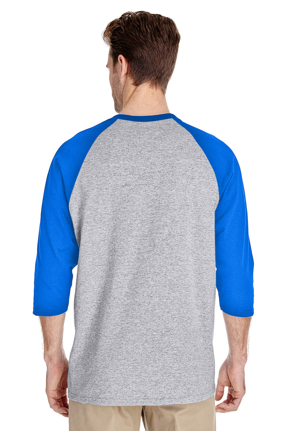 Gildan 5700/G570 Mens 3/4 Sleeve Crewneck T-Shirt Sport Grey/Royal Blue Model Back