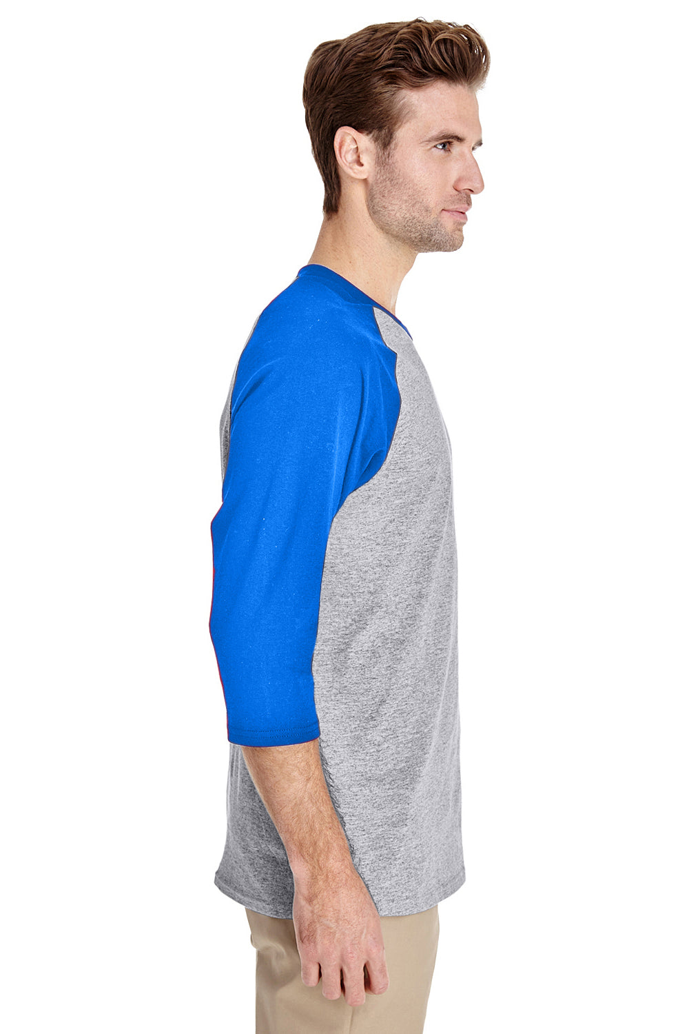 Gildan 5700/G570 Mens 3/4 Sleeve Crewneck T-Shirt Sport Grey/Royal Blue Model Side