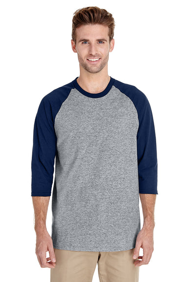 Gildan 5700/G570 Mens 3/4 Sleeve Crewneck T-Shirt Sport Grey/Navy Blue Model Front