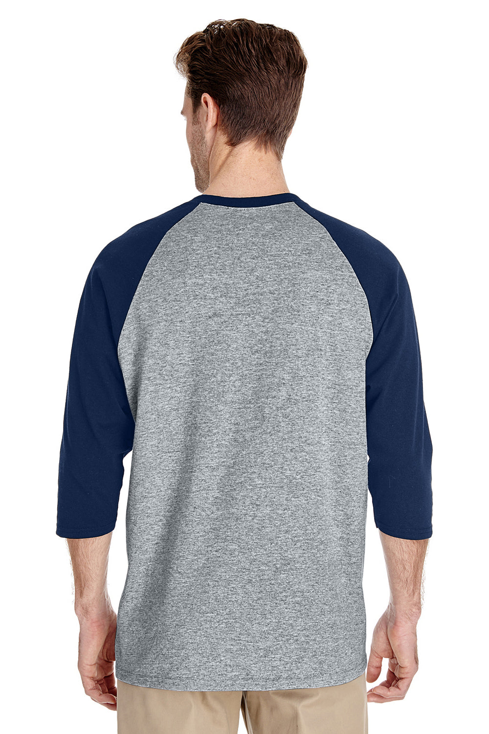 Gildan 5700/G570 Mens 3/4 Sleeve Crewneck T-Shirt Sport Grey/Navy Blue Model Back