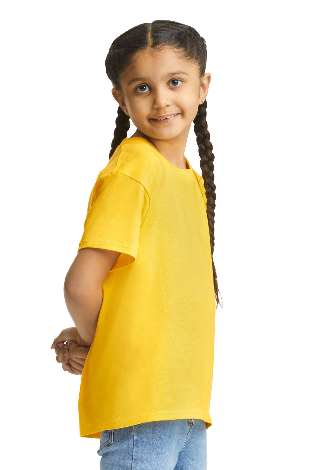 Gildan 64000B Youth Softstyle Short Sleeve Crewneck T-Shirt Daisy Yellow Model Side