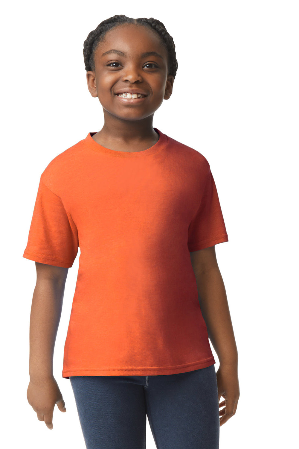 Gildan 64000B Youth Softstyle Short Sleeve Crewneck T-Shirt Orange Model Front