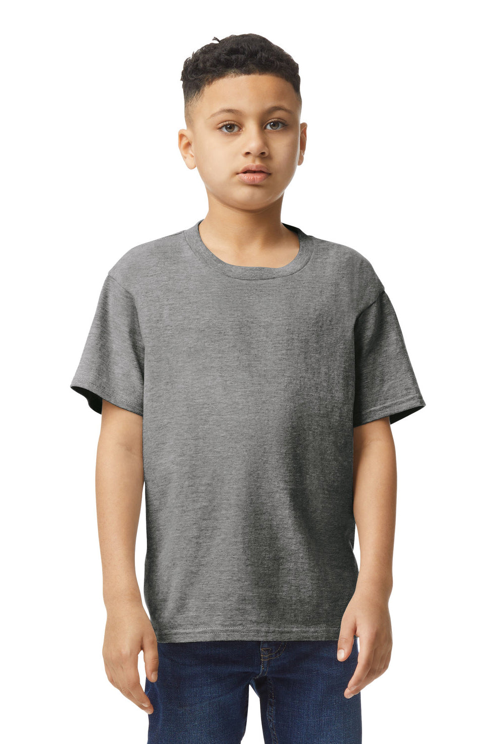 Gildan 64000B Youth Softstyle Short Sleeve Crewneck T-Shirt Heather Graphite Grey Model Front