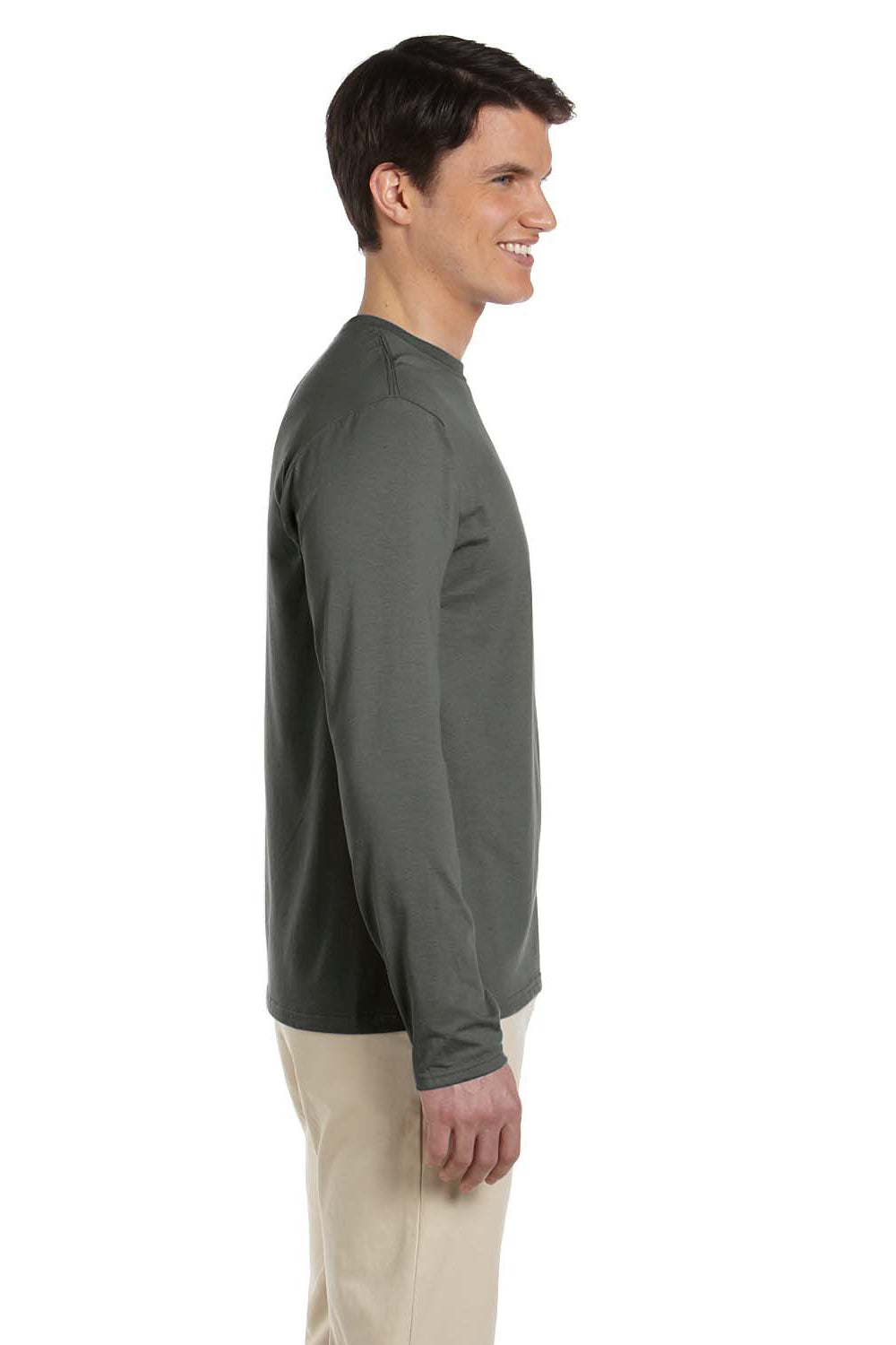 Gildan 64400/G644 Mens Softstyle Long Sleeve Crewneck T-Shirt Military Green Model Side