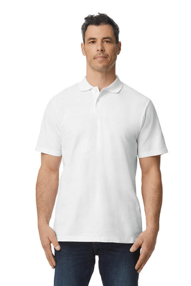 Gildan G648 Mens SoftStyle Double Pique Short Sleeve Polo Shirt White Model Front