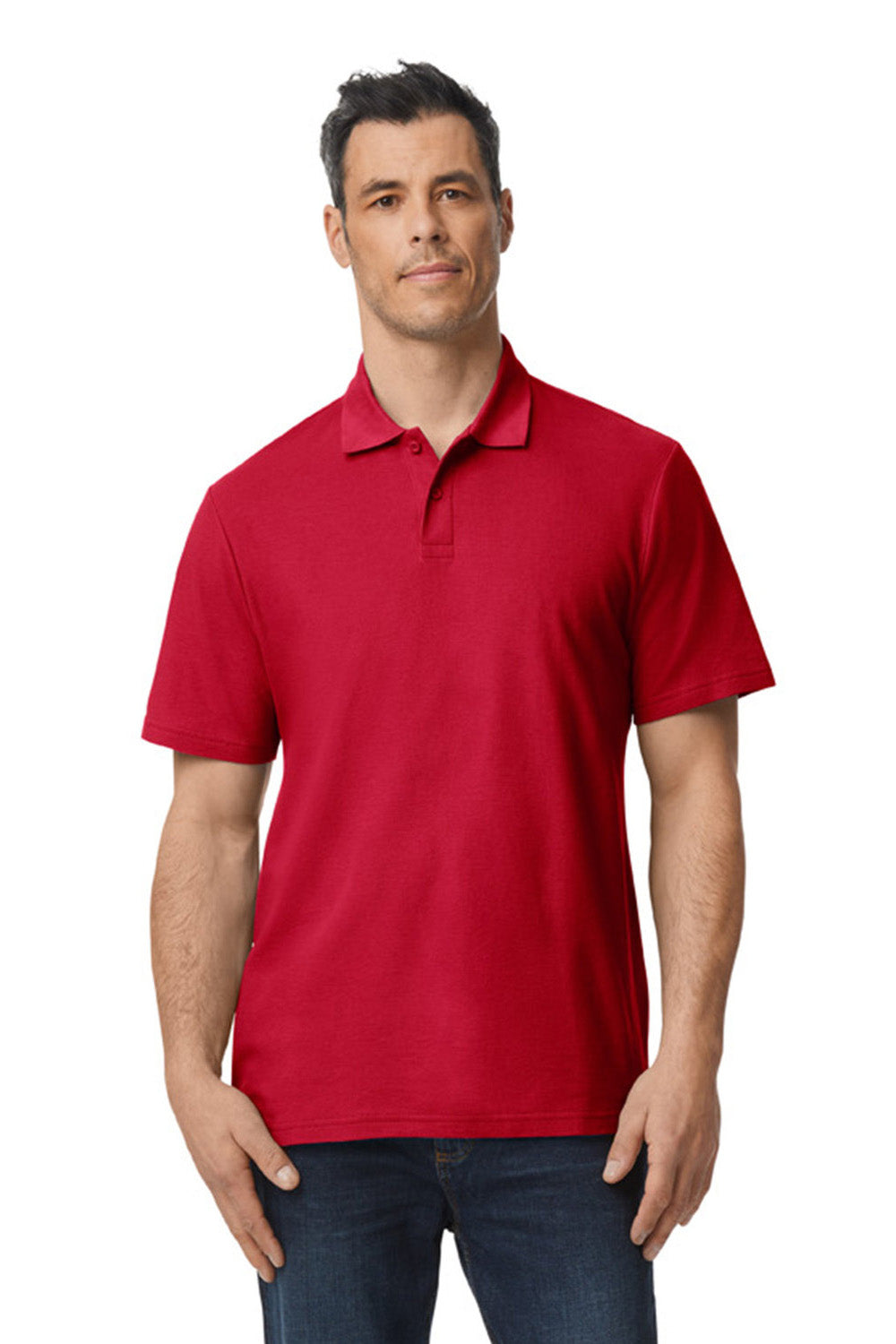 Gildan G648 Mens SoftStyle Double Pique Short Sleeve Polo Shirt Cherry Red Model Front