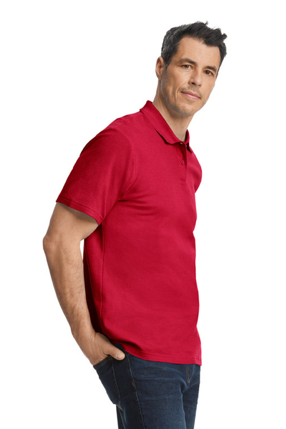 Gildan G648 Mens SoftStyle Double Pique Short Sleeve Polo Shirt Cherry Red Model Side