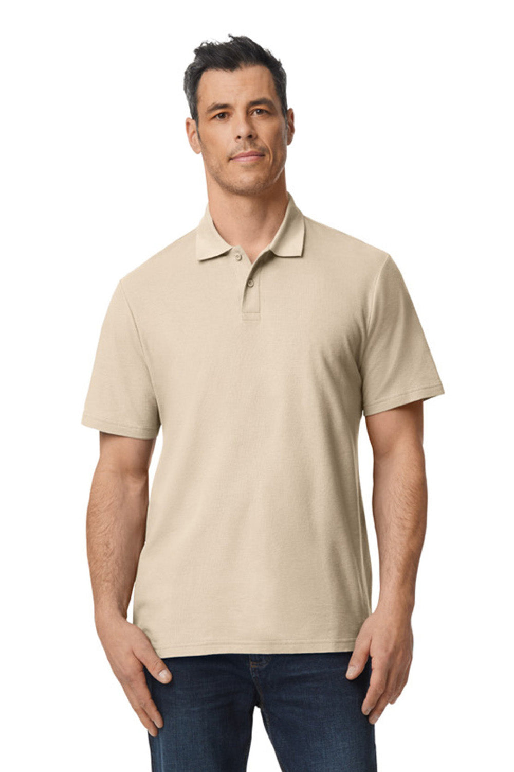 Gildan G648 Mens SoftStyle Double Pique Short Sleeve Polo Shirt Sand Model Front