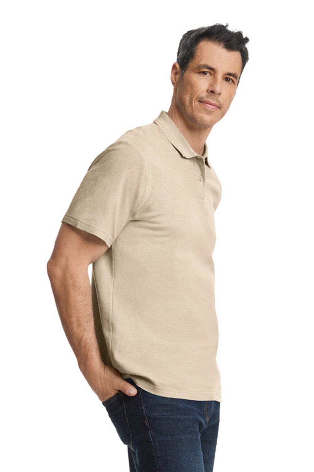 Gildan G648 Mens SoftStyle Double Pique Short Sleeve Polo Shirt Sand Model Side