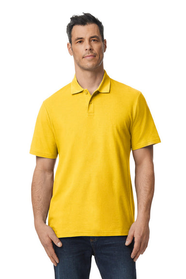 Gildan G648 Mens SoftStyle Double Pique Short Sleeve Polo Shirt Daisy Yellow Model Front