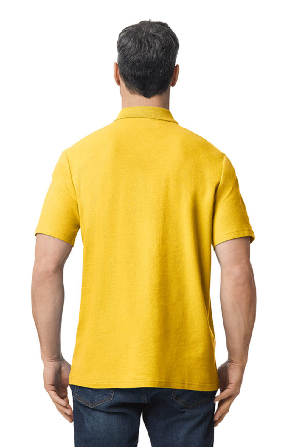 Gildan G648 Mens SoftStyle Double Pique Short Sleeve Polo Shirt Daisy Yellow Model Back