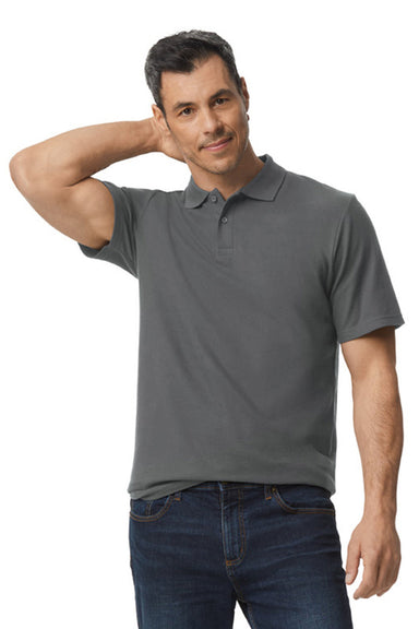 Gildan G648 Mens SoftStyle Double Pique Short Sleeve Polo Shirt Charcoal Grey Model Front