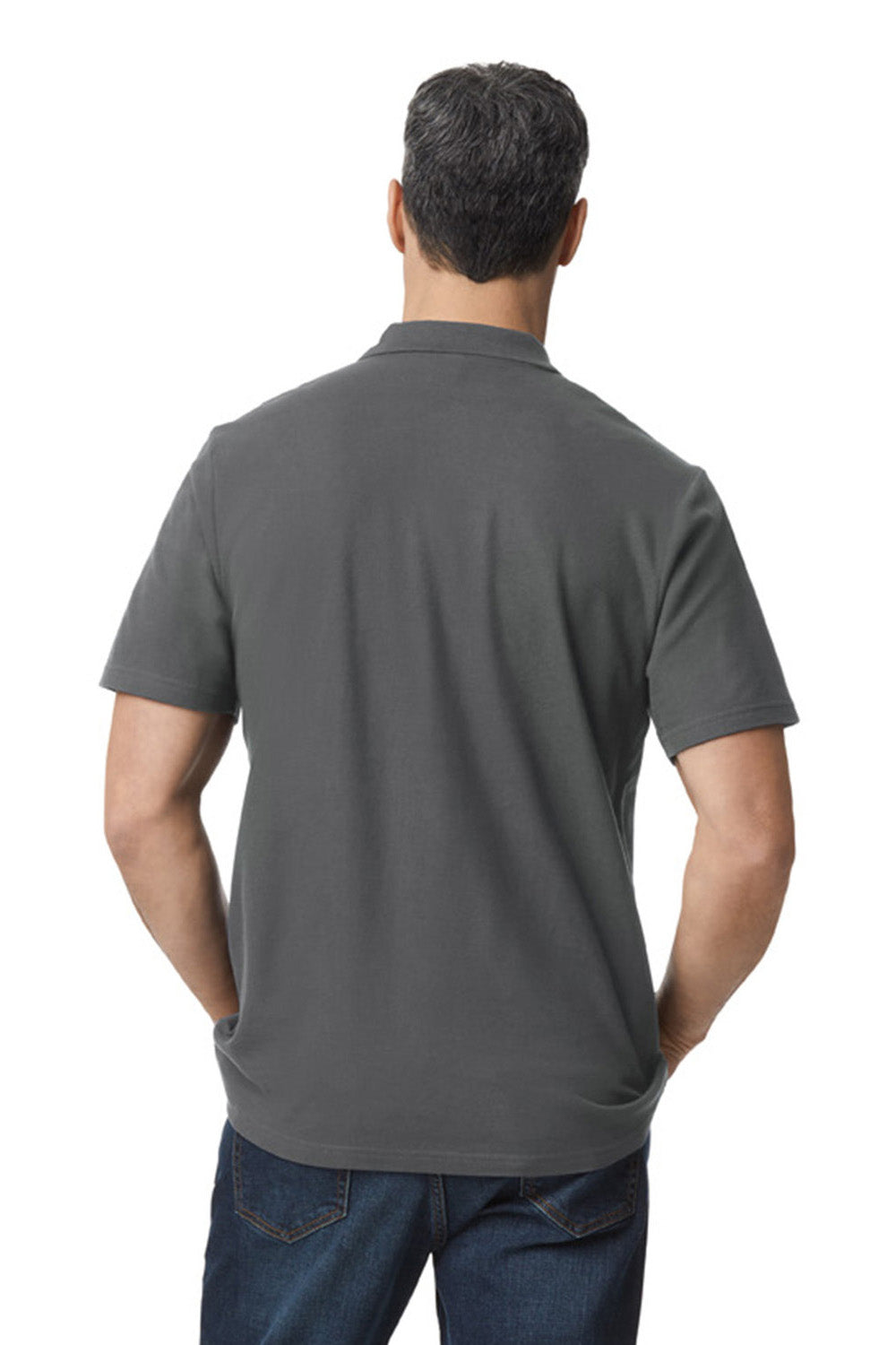 Gildan G648 Mens SoftStyle Double Pique Short Sleeve Polo Shirt Charcoal Grey Model Back