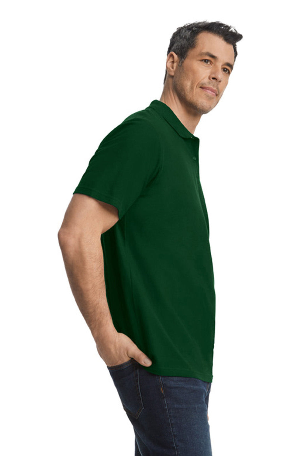 Gildan G648 Mens SoftStyle Double Pique Short Sleeve Polo Shirt Forest Green Model Side