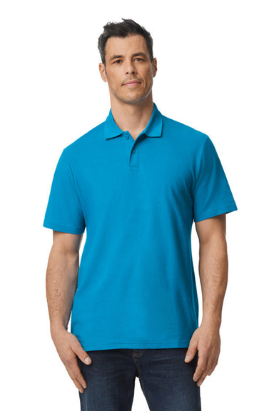 Gildan G648 Mens SoftStyle Double Pique Short Sleeve Polo Shirt Sapphire Blue Model Front