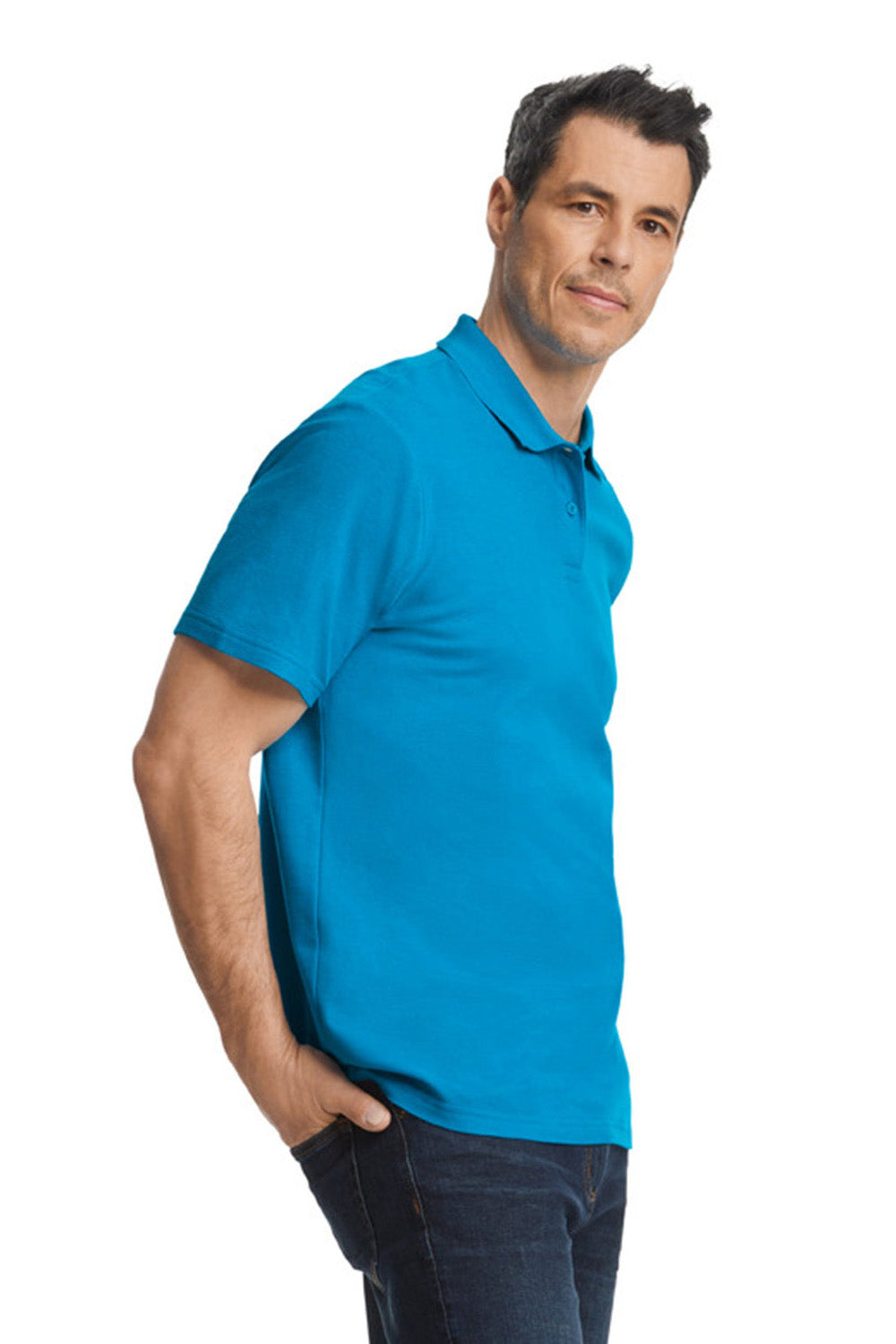 Gildan G648 Mens SoftStyle Double Pique Short Sleeve Polo Shirt Sapphire Blue Model Side