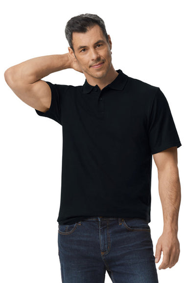 Gildan G648 Mens SoftStyle Double Pique Short Sleeve Polo Shirt Black Model Front