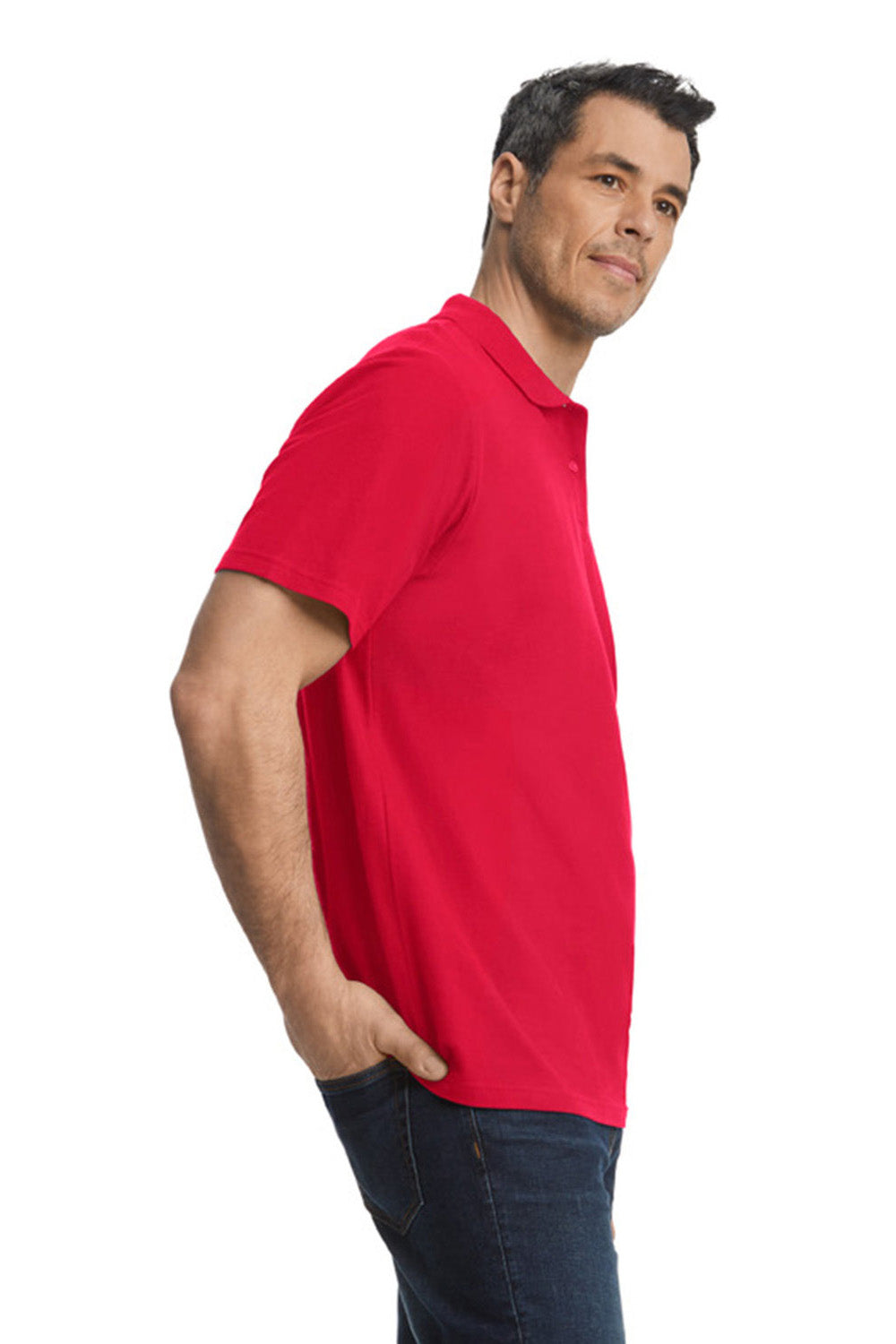 Gildan G648 Mens SoftStyle Double Pique Short Sleeve Polo Shirt Red Model Side