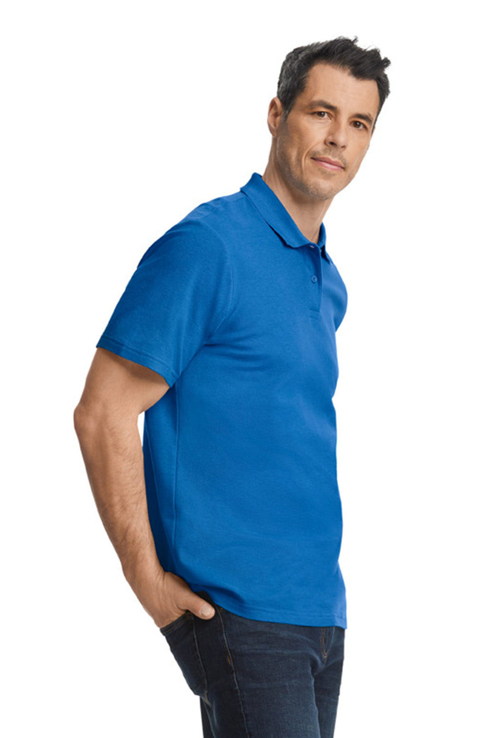 Gildan G648 Mens SoftStyle Double Pique Short Sleeve Polo Shirt Royal Blue Model Side